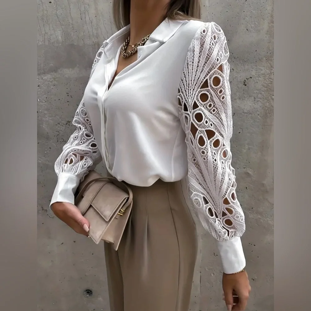 Elegant Hollow Out Solid Color Blouse Collar Long Sleeve